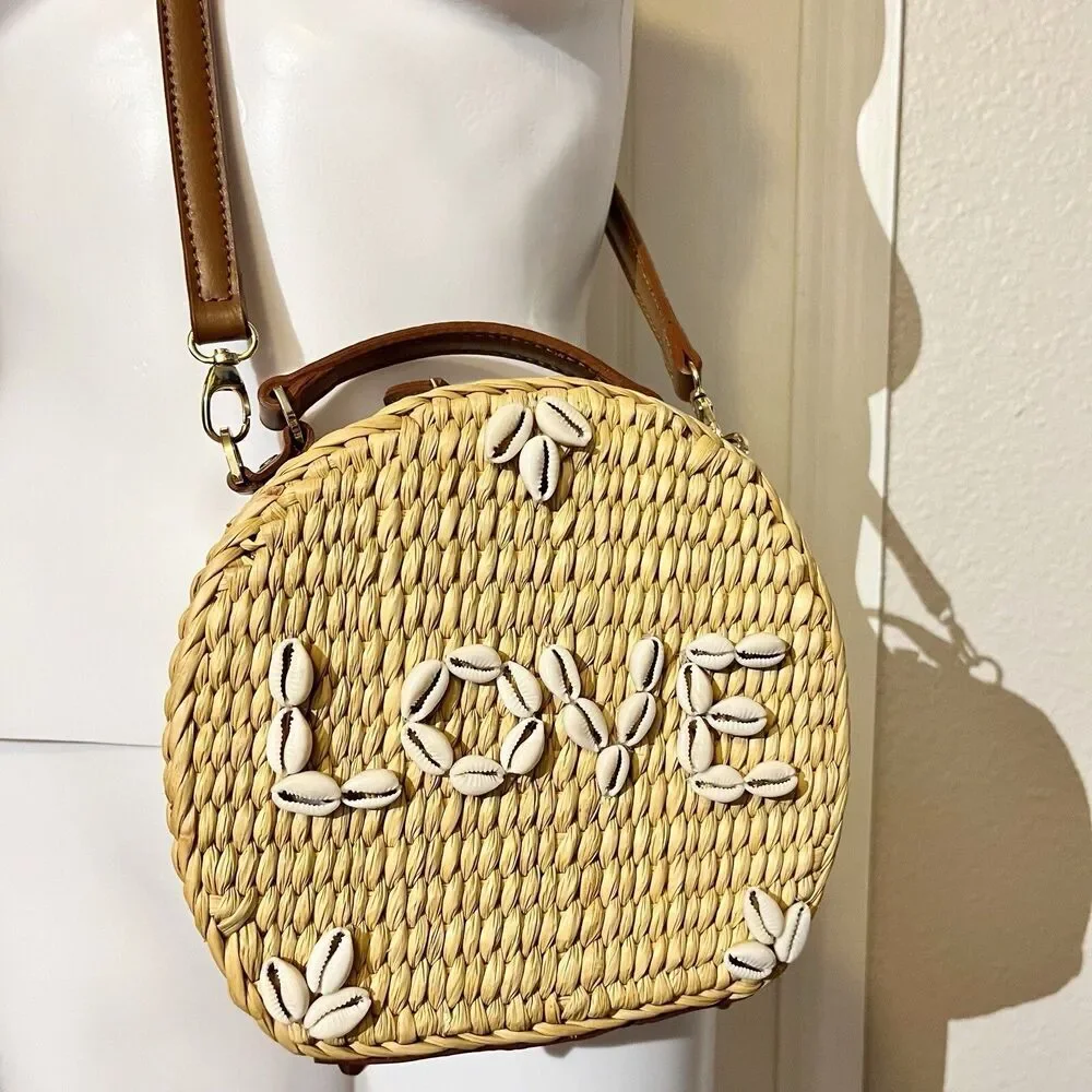 POOLSIDE x Dannijo Ariana “LOVE” Shell Rattan Circular Basket Handbag Purse